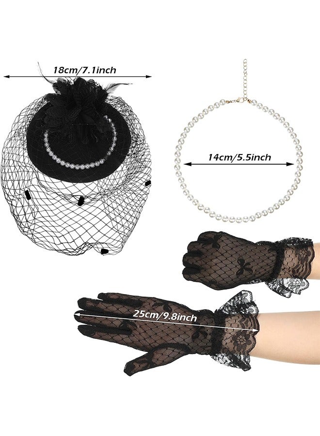 1950s Vintage Fascinator Hat, Faux Feather Mesh Net Hat Tea Party Headwear with Veil and Women Short Lace Gloves Imitation Pearl Necklace, Costume Accessories for Girls and Women Wedding (Black) - Image 3
