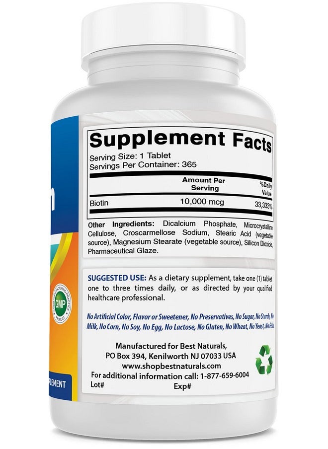 Best Naturals - Biotin (Also Called Vitamin B7) 10000 Mcg 365 Tablets (365 Count (Pack Of 1)) - Image 1