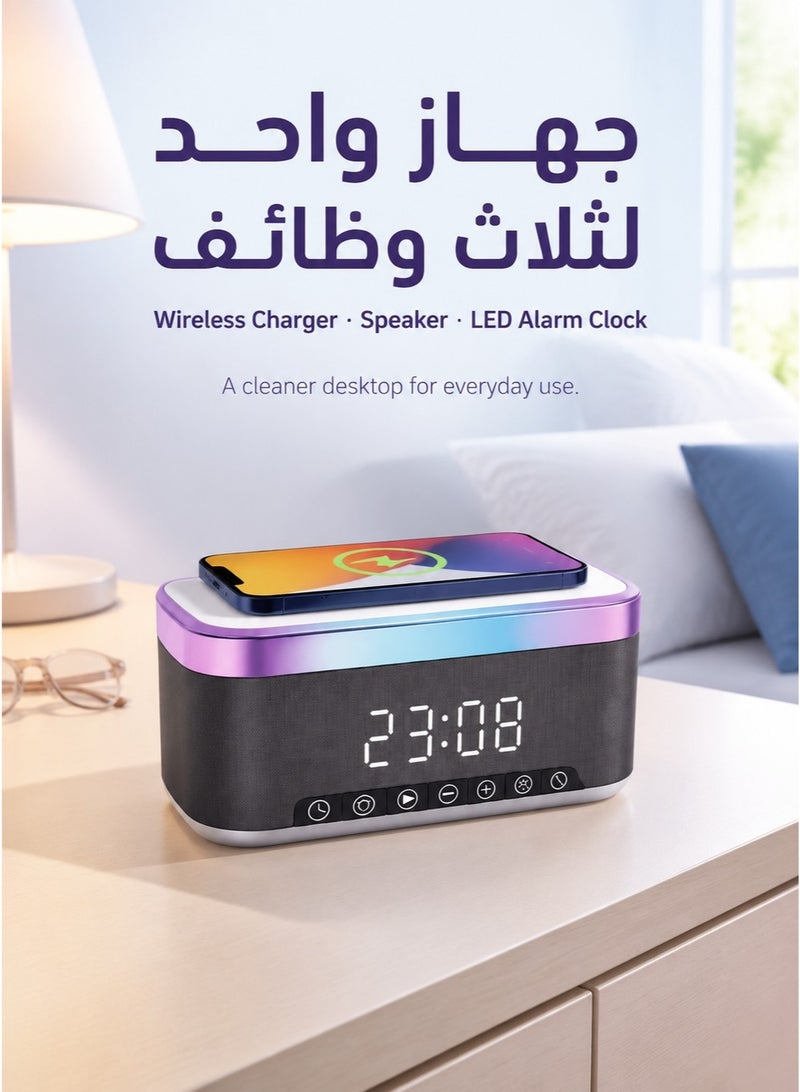 إم دي اتش إل شاحن متنقل، مكبر صوت بلوتوث، ساعة منبه رقمية بإضاءة LED، شاحن لاسلكي، إضاءة محيطية بثمانية ألوان - Image 1