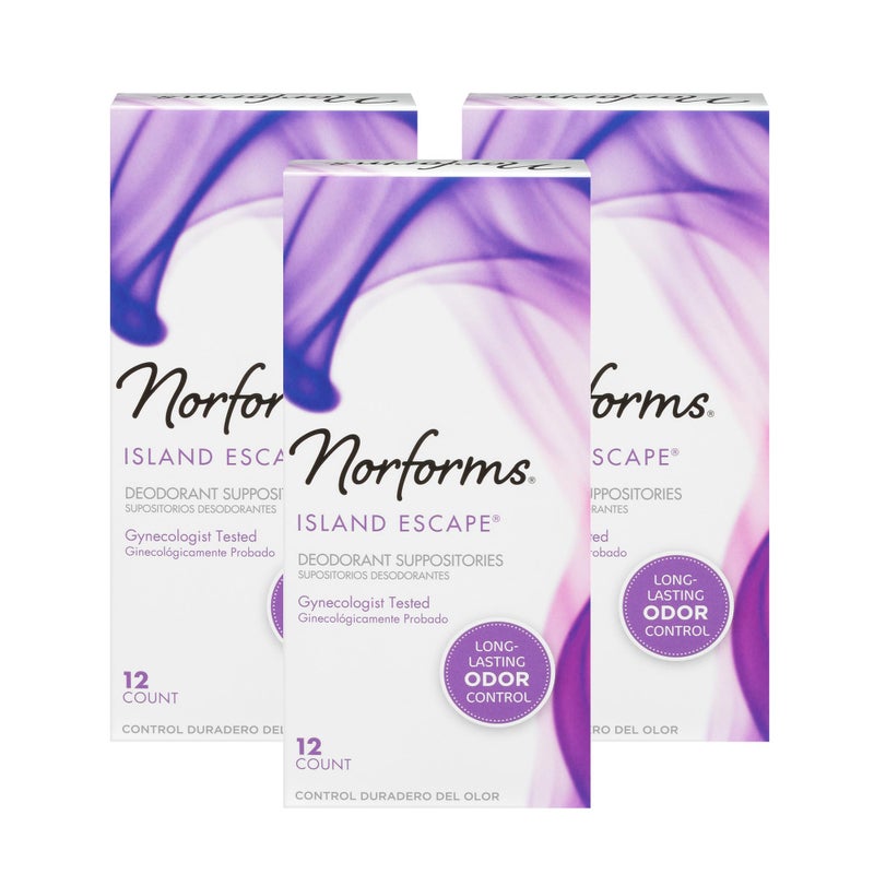 Norforms Feminine Deodorant Suppositories, Long Lasting Odor Control, Island Escape Scent, 12 Count Deodorant Suppositories in Each Box (Pack of 3) - Image 1