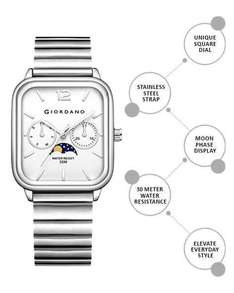 Giordano Classic Square Analog Watch for Men with Moon Phase Display and Stainless Steel Strap - GZ-50117 - Image 4