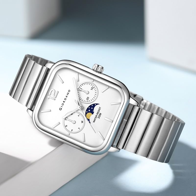 Giordano Classic Square Analog Watch for Men with Moon Phase Display and Stainless Steel Strap - GZ-50117 - Image 3