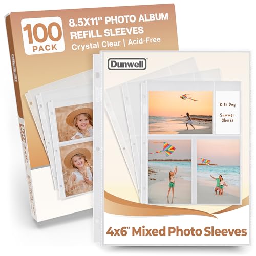Dunwell Photo Sleeves for 3-Ring Binder, (4x6 Mixed Format, 100 Pack) for 600 Pictures, Each Photo Page Sheet Holds Six 4 x 6 Pictures or Postcards, Acid-Free Poly 4x6 Album Refill Pages - Image 1