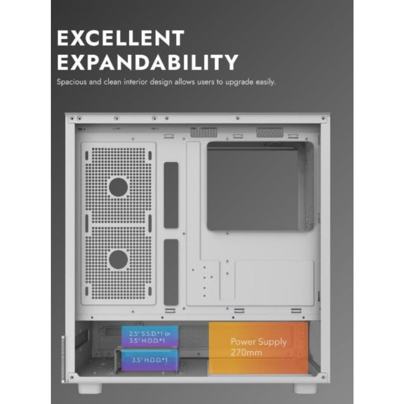 حافظة كمبيوتر الألعاب Darkflash DPX90 ATX/M-ATX/M-ITX مع 3 مراوح ARGB، تصميم بانورامي 270 بدون عمود، ألواح من الزجاج المقسى، تدعم مشعات 360 مم، حافظة ألعاب متضمنة USB من النوع C باللون الأبيض - Image 5