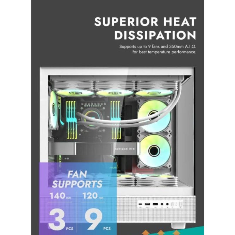 حافظة كمبيوتر الألعاب Darkflash DPX90 ATX/M-ATX/M-ITX مع 3 مراوح ARGB، تصميم بانورامي 270 بدون عمود، ألواح من الزجاج المقسى، تدعم مشعات 360 مم، حافظة ألعاب متضمنة USB من النوع C باللون الأبيض - Image 4