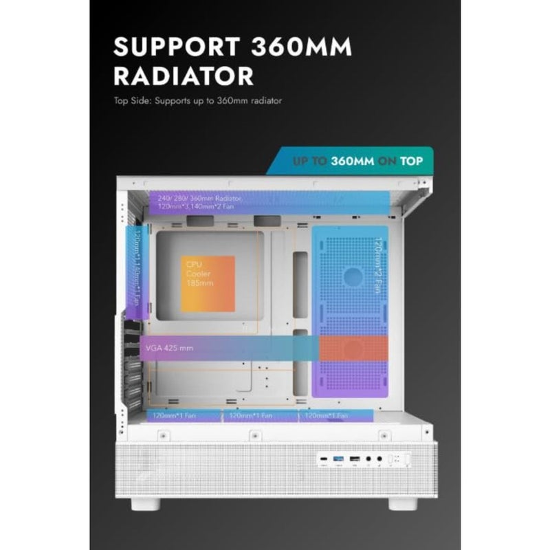 حافظة كمبيوتر الألعاب Darkflash DPX90 ATX/M-ATX/M-ITX مع 3 مراوح ARGB، تصميم بانورامي 270 بدون عمود، ألواح من الزجاج المقسى، تدعم مشعات 360 مم، حافظة ألعاب متضمنة USB من النوع C باللون الأبيض - Image 3