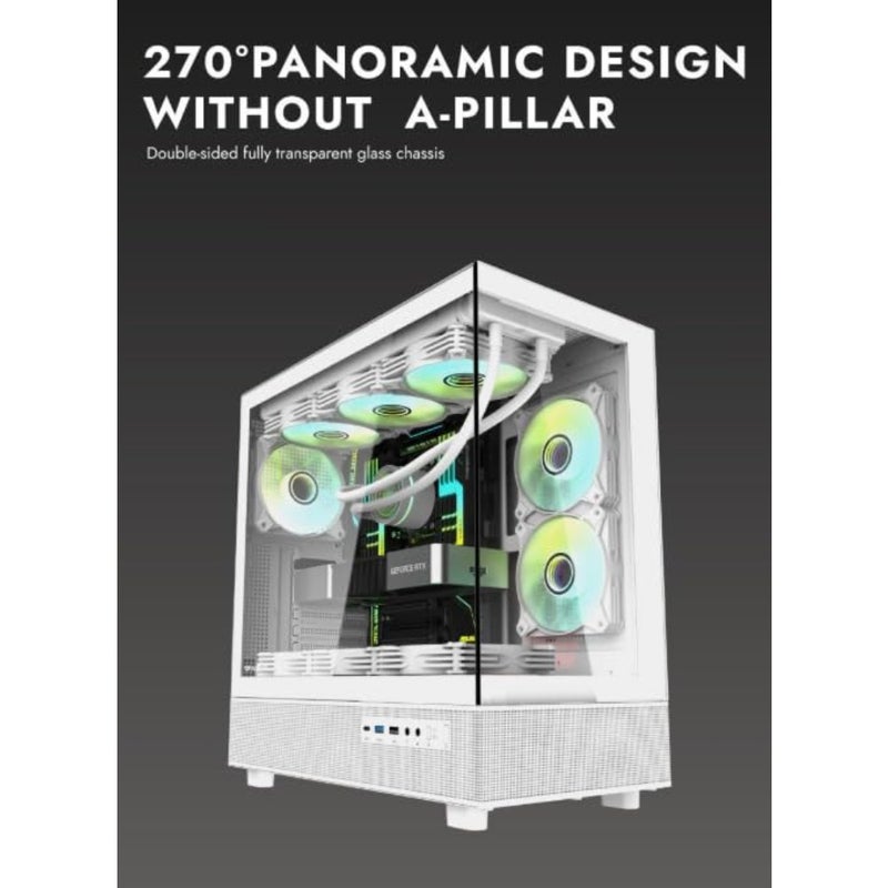 حافظة كمبيوتر الألعاب Darkflash DPX90 ATX/M-ATX/M-ITX مع 3 مراوح ARGB، تصميم بانورامي 270 بدون عمود، ألواح من الزجاج المقسى، تدعم مشعات 360 مم، حافظة ألعاب متضمنة USB من النوع C باللون الأبيض - Image 2