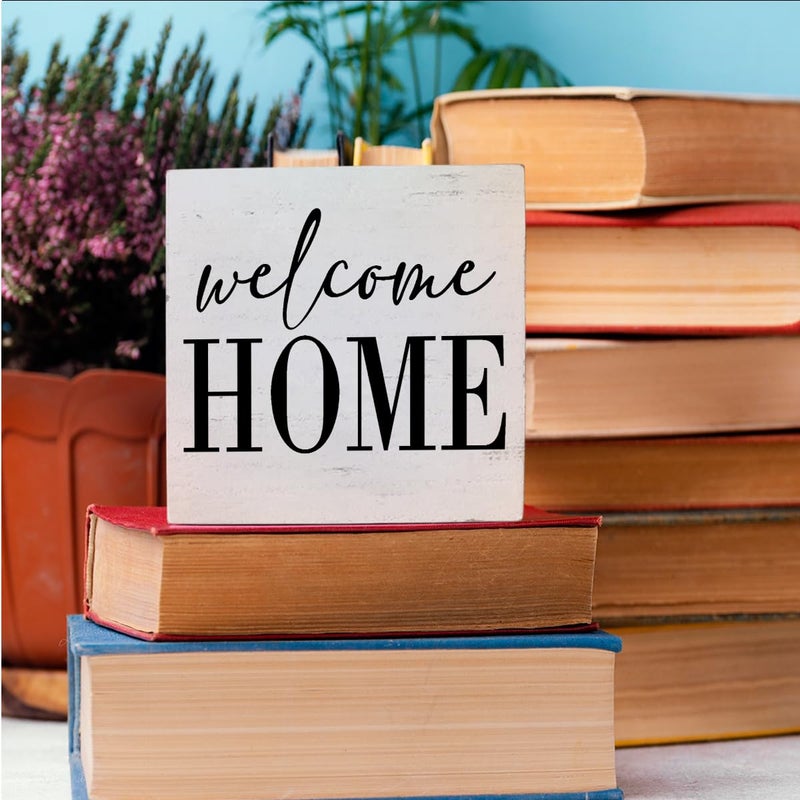 HTBIG Welcome Home Sign Home Decor Desk Decor Wooden Box Sign Rustic Black Wood White Plaque Box Sign for Women Family Friends Farmhouse Living Room Kitchen Bedroom Shelf Table Decoration - Image 5