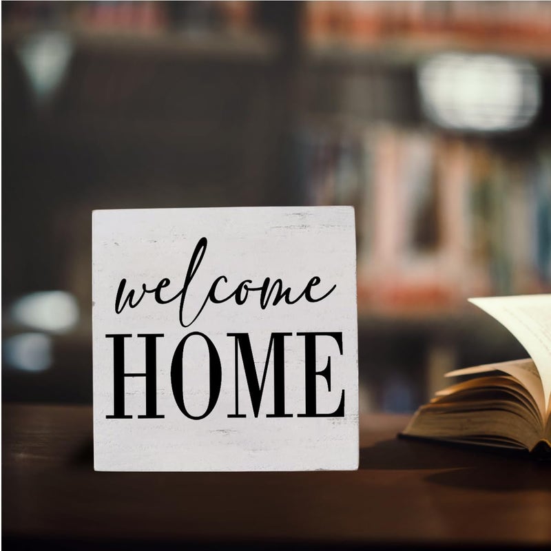 HTBIG Welcome Home Sign Home Decor Desk Decor Wooden Box Sign Rustic Black Wood White Plaque Box Sign for Women Family Friends Farmhouse Living Room Kitchen Bedroom Shelf Table Decoration - Image 4