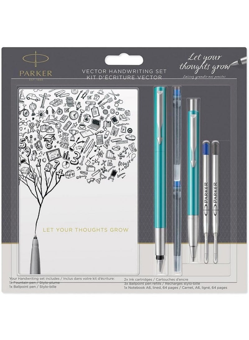 Parker Vector turquoise  Fountain Pen and Ballpoint Pen Set with Notebook, 2 Ink Cartridges and 2 Ballpoint Refills - Image 1