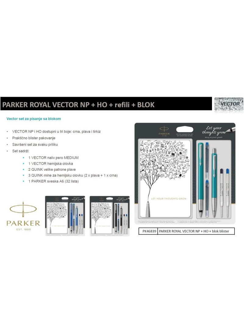 Parker Vector turquoise  Fountain Pen and Ballpoint Pen Set with Notebook, 2 Ink Cartridges and 2 Ballpoint Refills - Image 4