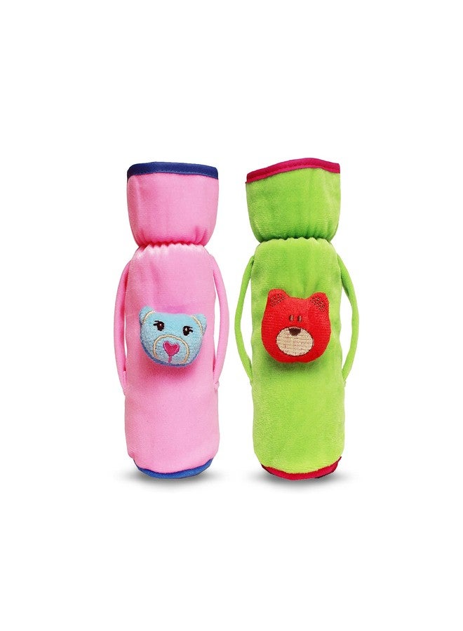 My Newborn Baby Feeding Bottle Covers (Green and Pink) | Soft Stretchable Pouch Combo | Soft Plush Bottle Tote Bag with Loop on Neck | Comfortable Hand Grip | Dual Insulation for Saftey - Image 1
