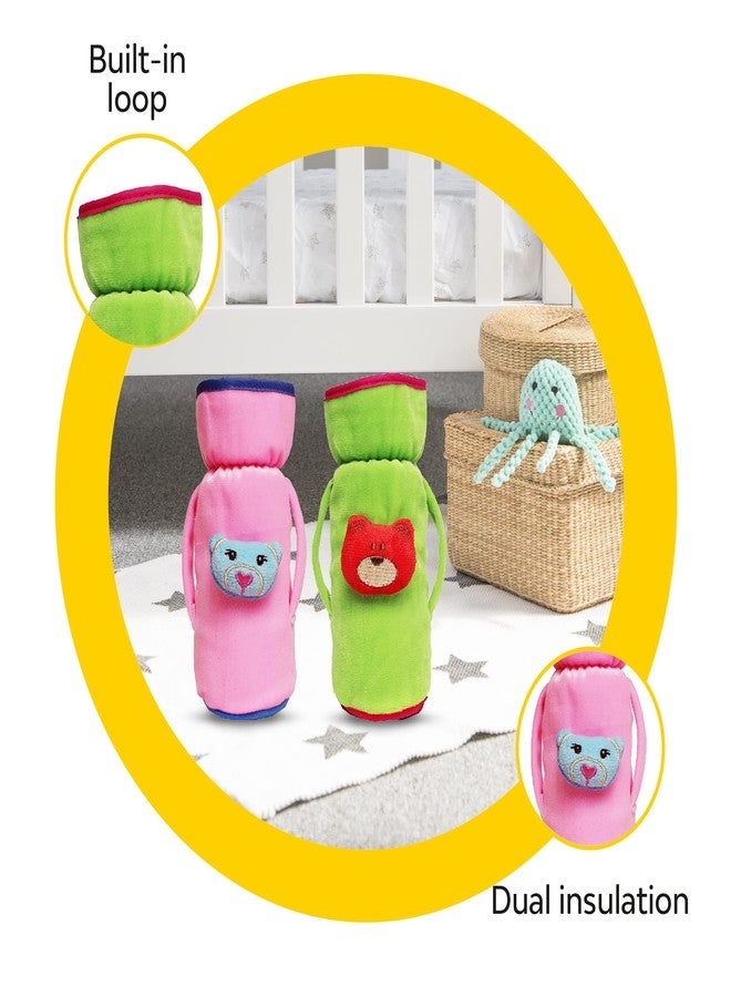 My Newborn Baby Feeding Bottle Covers (Green and Pink) | Soft Stretchable Pouch Combo | Soft Plush Bottle Tote Bag with Loop on Neck | Comfortable Hand Grip | Dual Insulation for Saftey - Image 4