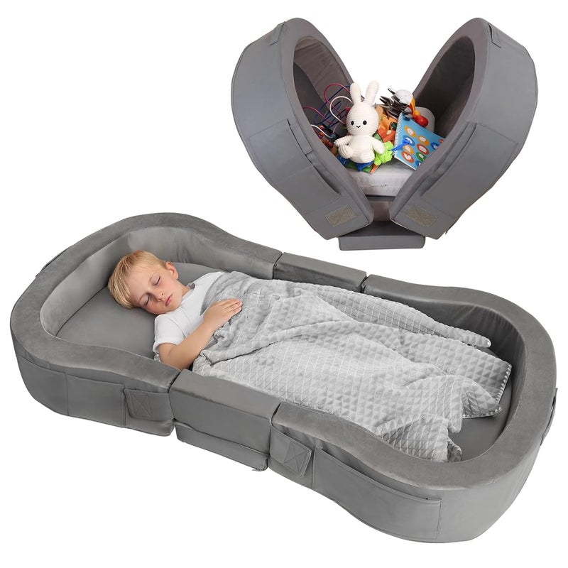 ENITYA Toddler Travel Bed Foldable Floor Cot with Washable Cover for Travel Camping Home Portable Crib for Kids Aged 18M5Y Easy to Use Kids Cot for Sleeping Grey - Image 1