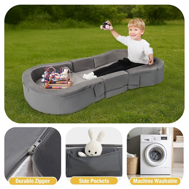 ENITYA Toddler Travel Bed Foldable Floor Cot with Washable Cover for Travel Camping Home Portable Crib for Kids Aged 18M5Y Easy to Use Kids Cot for Sleeping Grey - Image 3