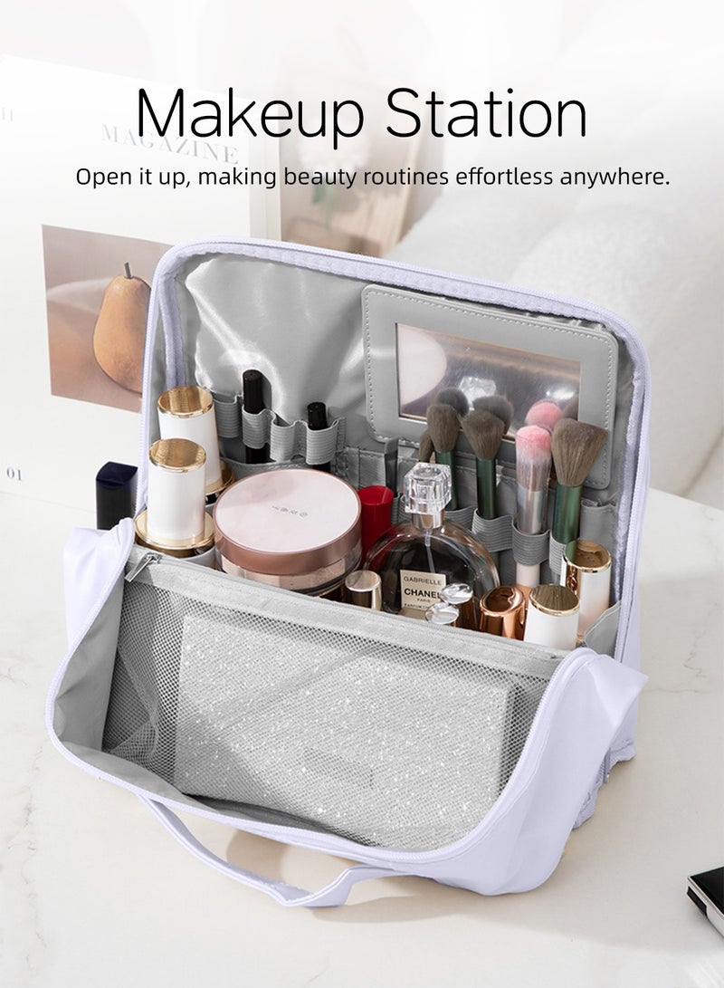 Extra Large Makeup Bag with Mirror, Makeup Station and Makeup Set, Multifunctional Makeup Organizer Makeup Case, Portable Waterproof Makeup Box Cosmetic Bag Cosmetic Organizer, Standing Makeup Pouch Makeup Kit Dressing Table Organizer, Travel Cosmetic Case Cosmetic Kit Toiletry Bag for Women Ladies - Image 3