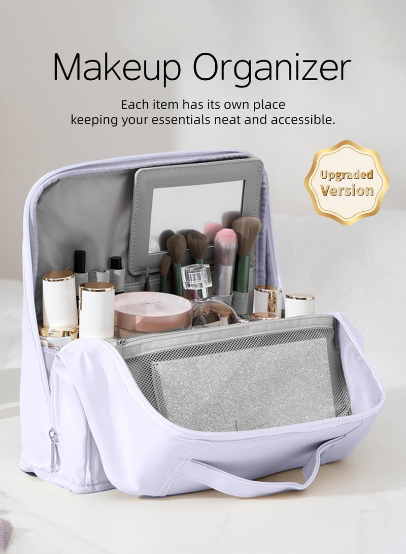 Extra Large Makeup Bag with Mirror, Makeup Station and Makeup Set, Multifunctional Makeup Organizer Makeup Case, Portable Waterproof Makeup Box Cosmetic Bag Cosmetic Organizer, Standing Makeup Pouch Makeup Kit Dressing Table Organizer, Travel Cosmetic Case Cosmetic Kit Toiletry Bag for Women Ladies - Image 1