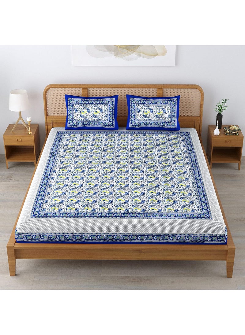 Colorish Colorish 120 TC Cotton Blend Elephant Printed Jaipuri Bedsheet for Double Bed King Size with 2 Pillow Covers Indigo Blue  - Image 4