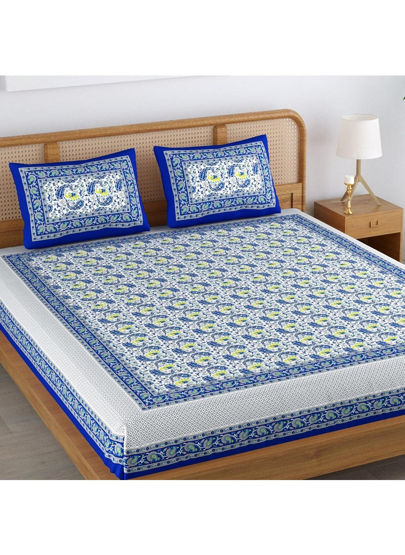 Colorish Colorish 120 TC Cotton Blend Elephant Printed Jaipuri Bedsheet for Double Bed King Size with 2 Pillow Covers Indigo Blue  - Image 3