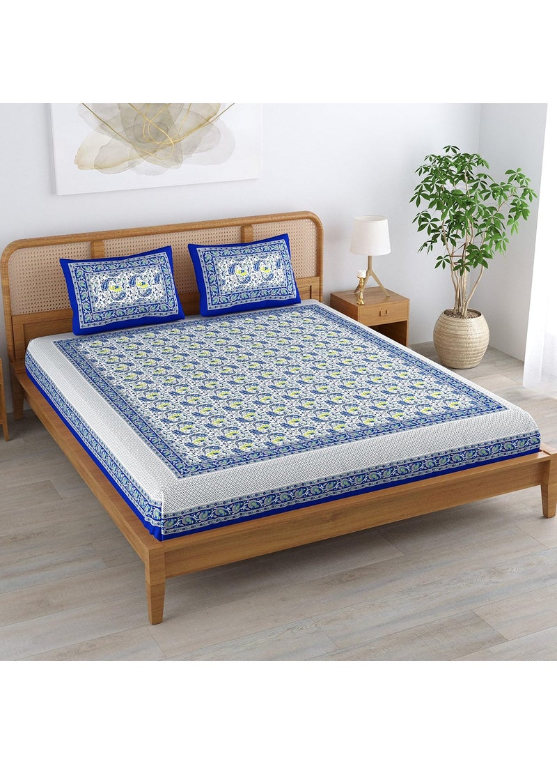 Colorish Colorish 120 TC Cotton Blend Elephant Printed Jaipuri Bedsheet for Double Bed King Size with 2 Pillow Covers Indigo Blue  - Image 5