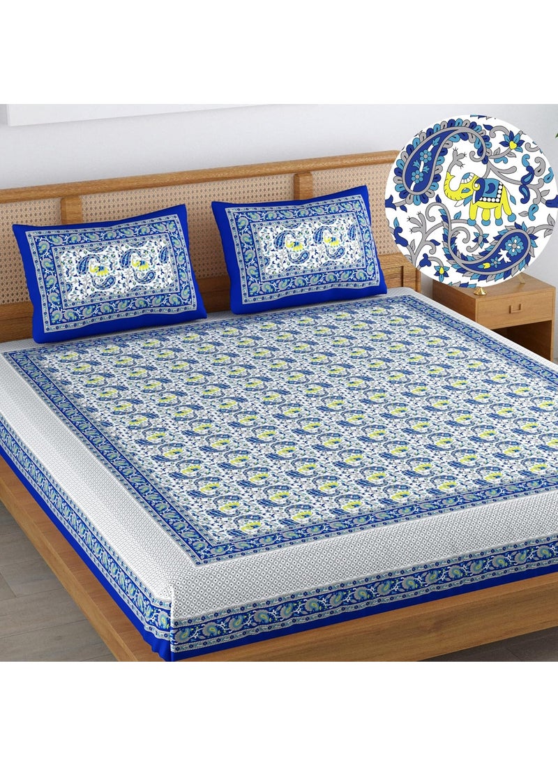 Colorish Colorish 120 TC Cotton Blend Elephant Printed Jaipuri Bedsheet for Double Bed King Size with 2 Pillow Covers Indigo Blue  - Image 1