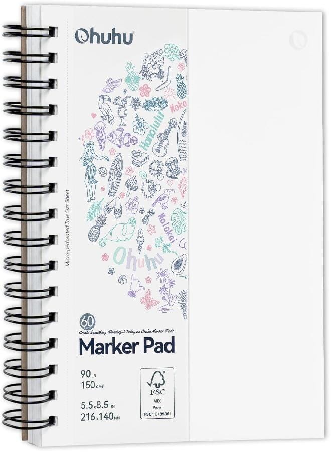 Ohuhu Ohuhu Double-Sided Marker Pads Art Sketchbook Bleedproof - 5.5"x8.5" Small Paper Size - 90 lb/150 gsm Smooth Drawing Paper - 60 Sheets/120 Pages, Spiral Bound Sketching Book for  Markers Paints - Image 1