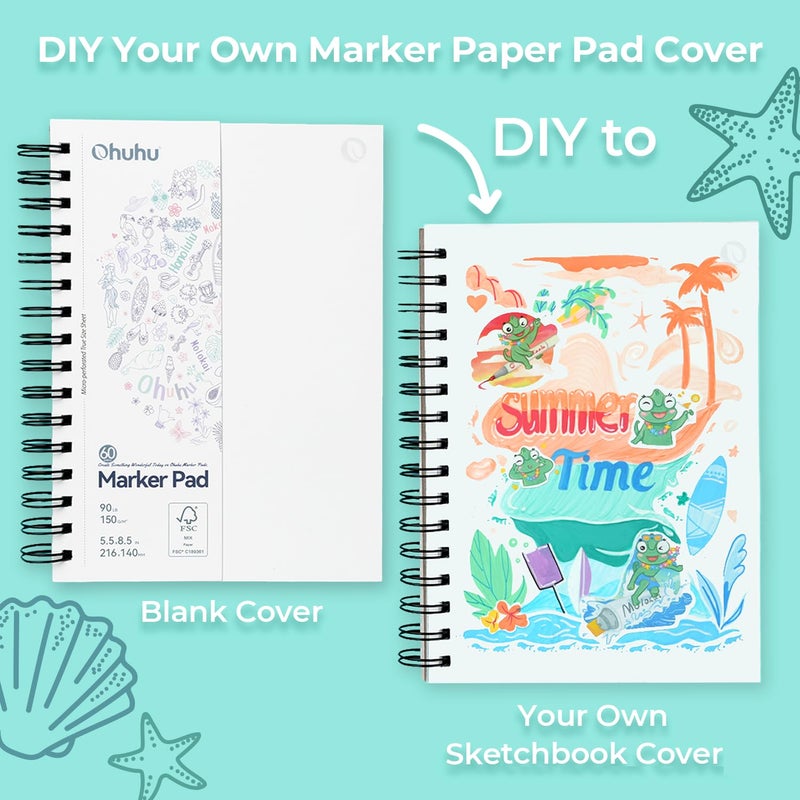 Ohuhu Double-Sided Marker Pads Art Sketchbook Bleedproof - 5.5"x8.5" Small Paper Size - 90 lb/150 gsm Smooth Drawing Paper - 60 Sheets/120 Pages, Spiral Bound Sketching Book for Alcohol Markers Paints - Image 3