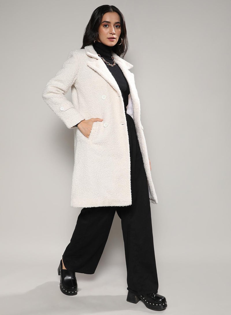 Campus Sutra Women's White Double-Breasted Sherpa Long Coat - Image 3