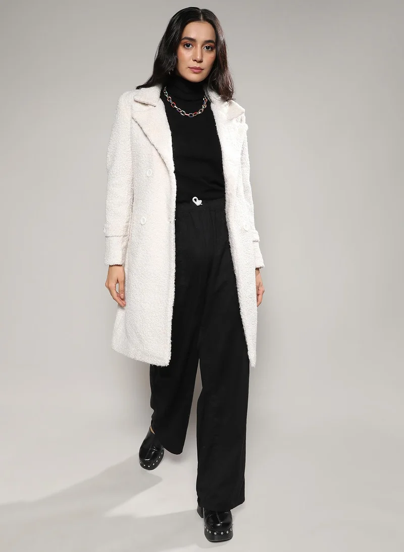 كامبوس سوترا معطف طويل شيربا أبيض مزدوج الصدر للنساء