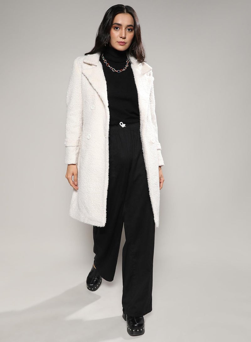 Campus Sutra Women's White Double-Breasted Sherpa Long Coat - Image 2
