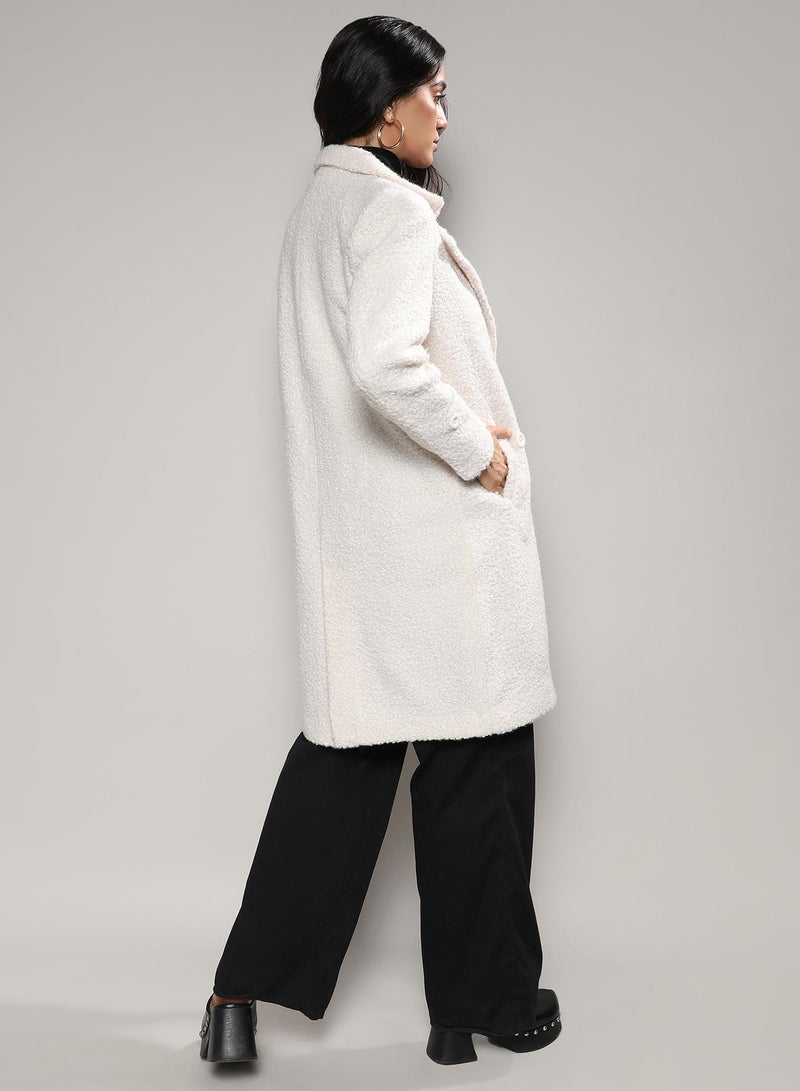 Campus Sutra Women's White Double-Breasted Sherpa Long Coat - Image 5