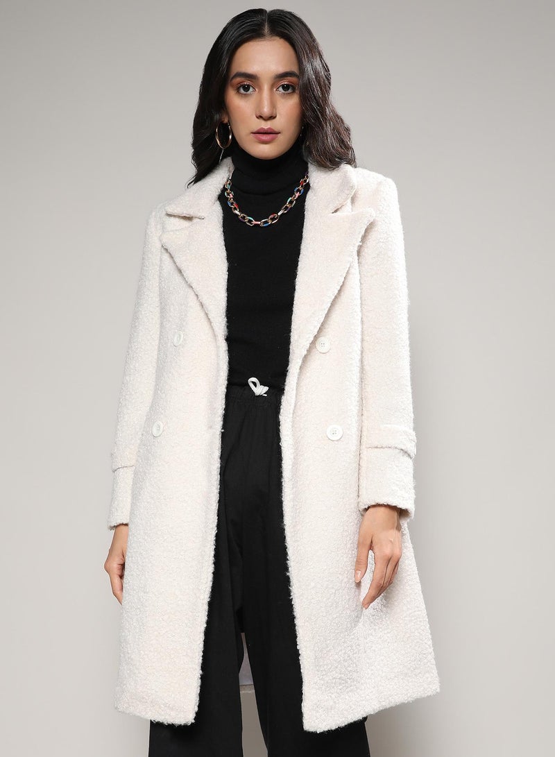 Campus Sutra Women's White Double-Breasted Sherpa Long Coat - Image 1