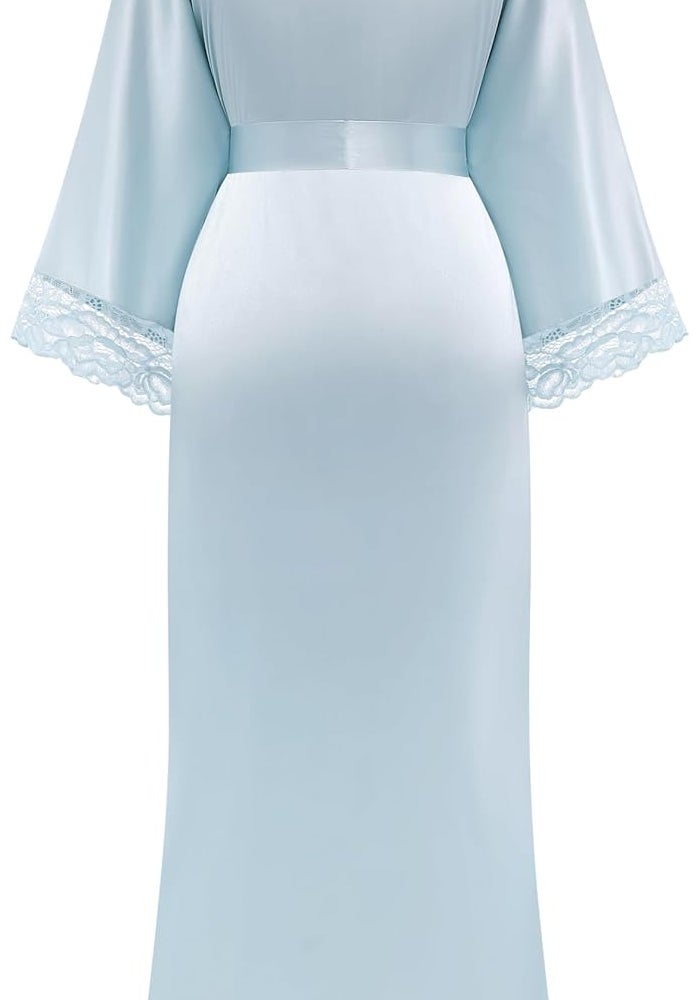 Satin Kimono Robe Long Bridesmaid Wedding Bath Robe with Lace Trim - Image 2