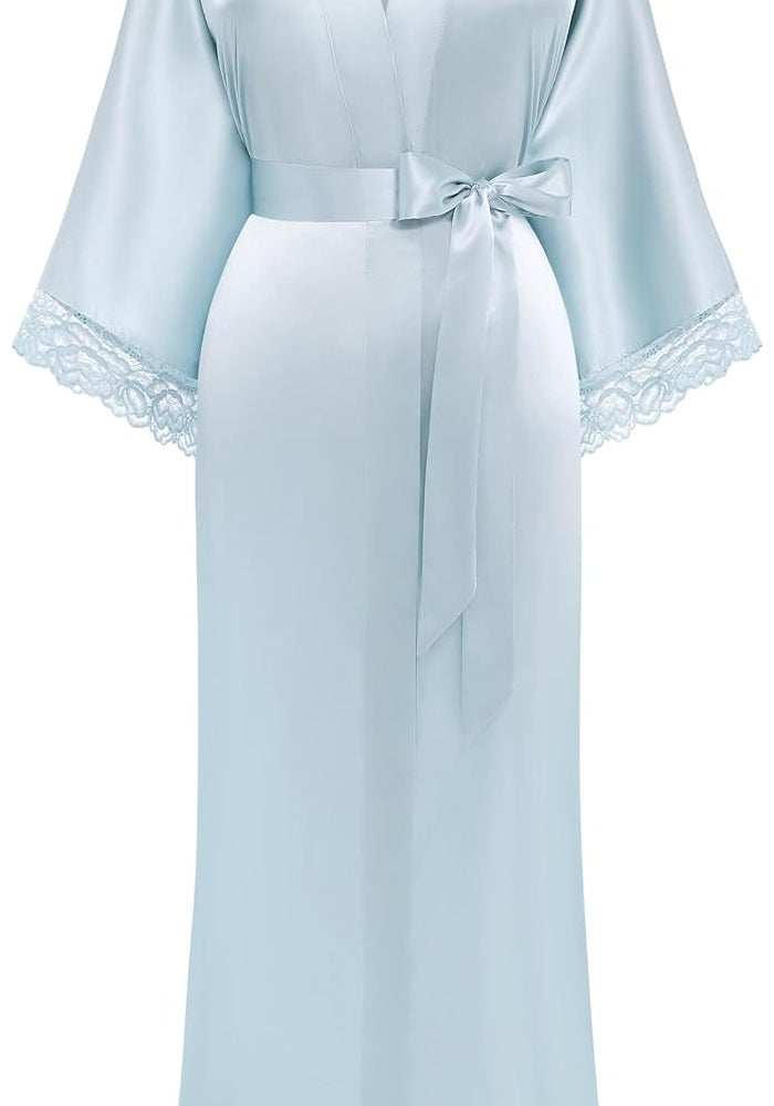 Satin Kimono Robe Long Bridesmaid Wedding Bath Robe with Lace Trim - Image 1
