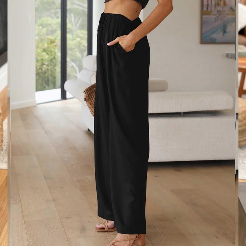 Duyang Womens Cotton Linen Palazzo Pants Drawstring Elastic Waist Casual Wide Leg Trousers with Pockets(Black,XL) - Image 3
