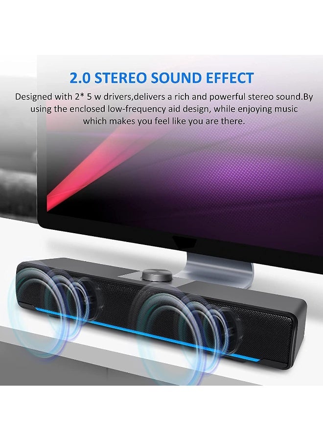 Topleo Computer Speakers, 2.0 Stereo USB Powered Wired Soundbar Speaker with Blue LED Light and 3.5 mm Aux Connection for TV Desktop Laptop PC Monitor Mobile Phone - Image 3