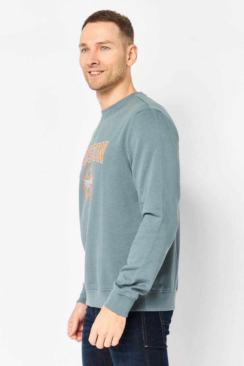 Threadbare Men Ribbed Neck Graphic Print Long Sleeve Sweatshirt, Sage Green - Image 2