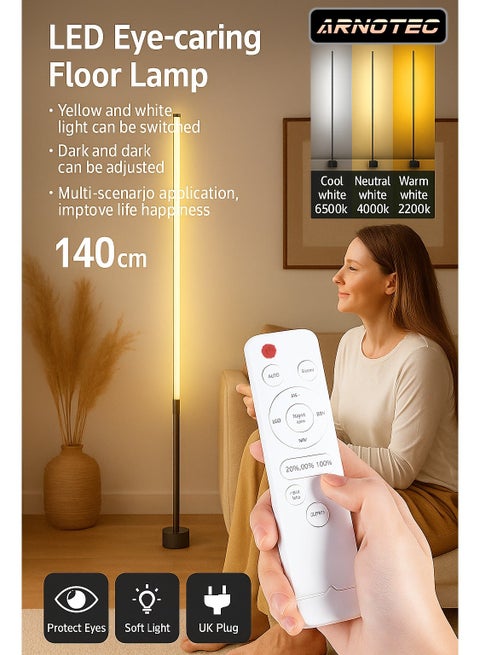 140cm LED Floor Lamp | 3-Color Dimmable Eye Protection Standing Lamp with Remote Control | Modern Atmosphere Light for Living Room, Bedroom & Study (UK Plug)