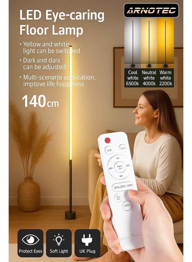 ARNOTEC 140cm LED Floor Lamp | 3-Color Dimmable Eye Protection Standing Lamp with Remote Control | Modern Atmosphere Light for Living Room, Bedroom & Study (UK Plug) - Image 1