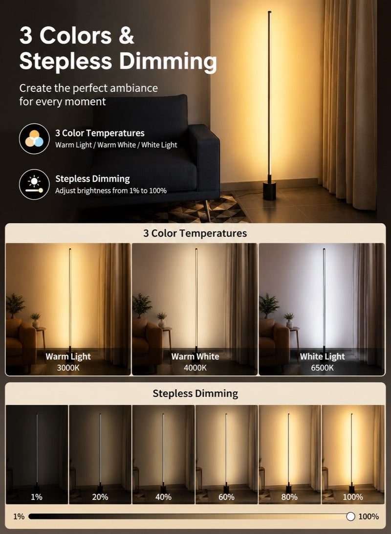 ARNOTEC 140cm LED Floor Lamp | 3-Color Dimmable Eye Protection Standing Lamp with Remote Control | Modern Atmosphere Light for Living Room, Bedroom & Study (UK Plug) - Image 3