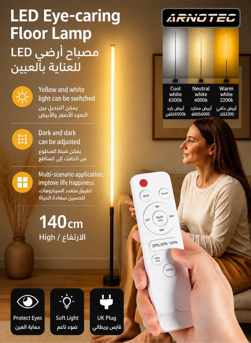 ARNOTEC 140cm LED Floor Lamp | 3-Color Dimmable Eye Protection Standing Lamp with Remote Control | Modern Atmosphere Light for Living Room, Bedroom & Study (UK Plug) - Image 1