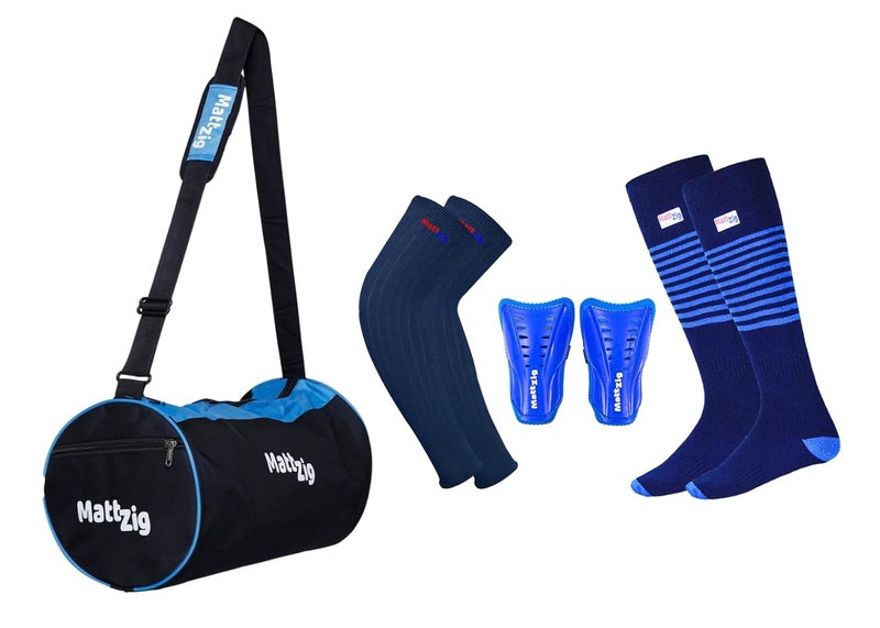 MATTZIG ® Club Football Kit (One Pair of Striped Lycra Socks + One Pair of Shin Guard + One Pair of Cotton Arm Sleeves + One Kit Bag) (Navy Blue) - Image 1