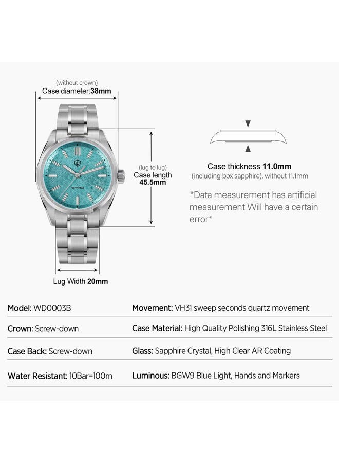watchdives VH31 Silent Second Quartz Watch, Original Design WD0003 WD0003B Aventurine Dial Men's Watches 36 mm Sapphire Glass Luxury Wrist Watch 100 m Waterproof Watch for Men, Green / 5 Left - Image 2