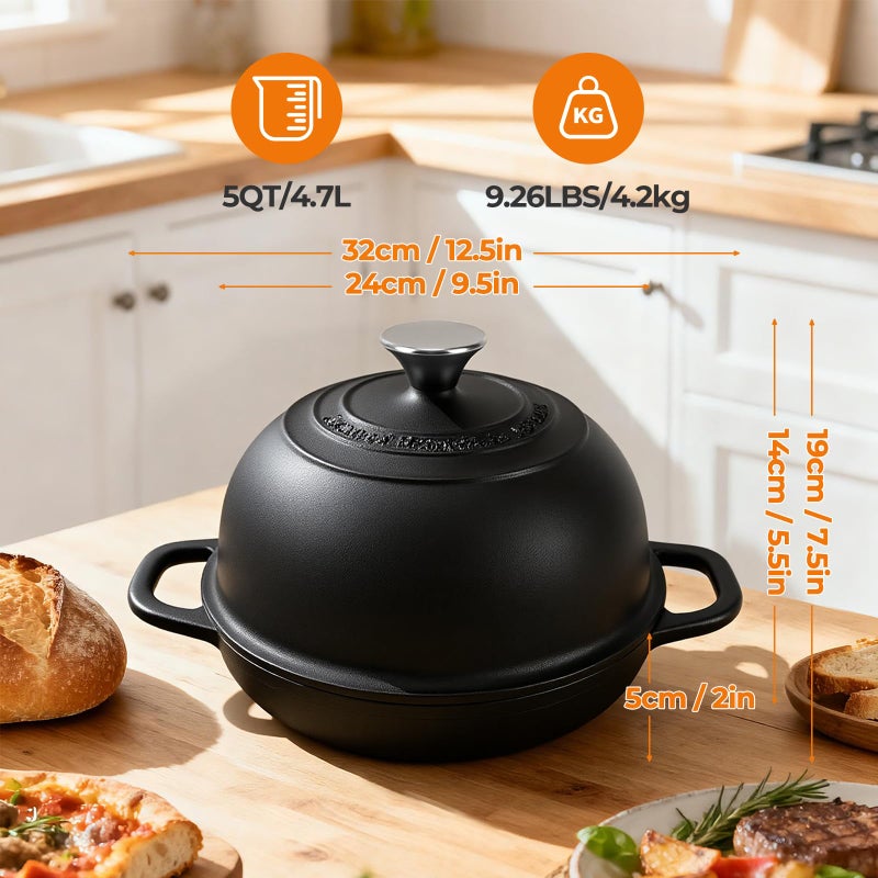 AHJ 5QT Pre-Seasoned Cast Iron Dutch Oven For Bread Baking, Dutch Oven with Domed Lid, Sourdough Bread Baking Supplies, Multi-Functional Bread Pan For Baking, Frying, Roasting - Image 2