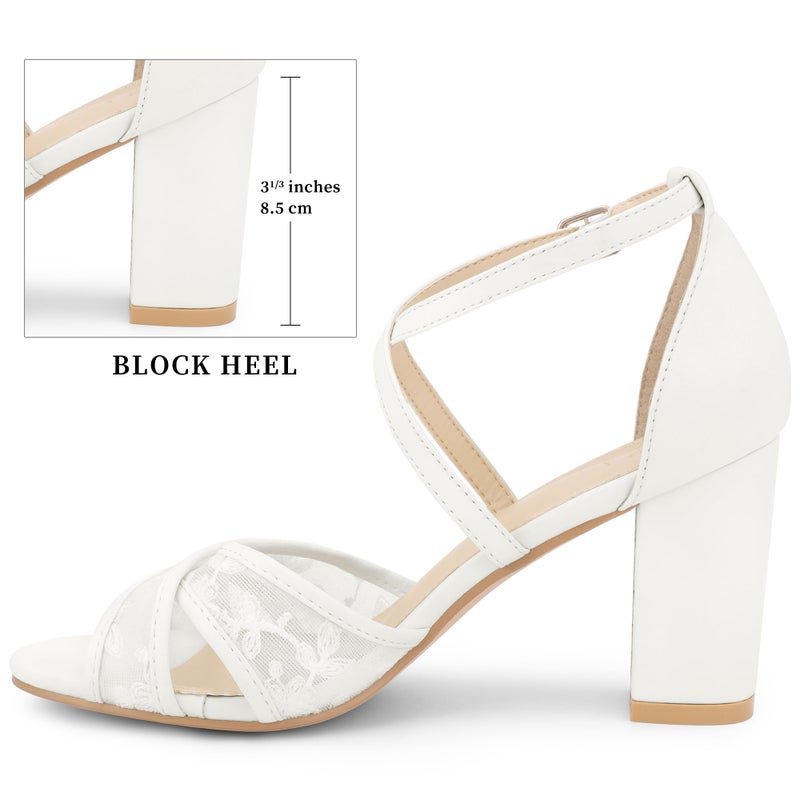 Perphy Lace Sandal Cross Strap Heel Open Toe Block High Heels White Sandals for Women 8 m US - Image 4