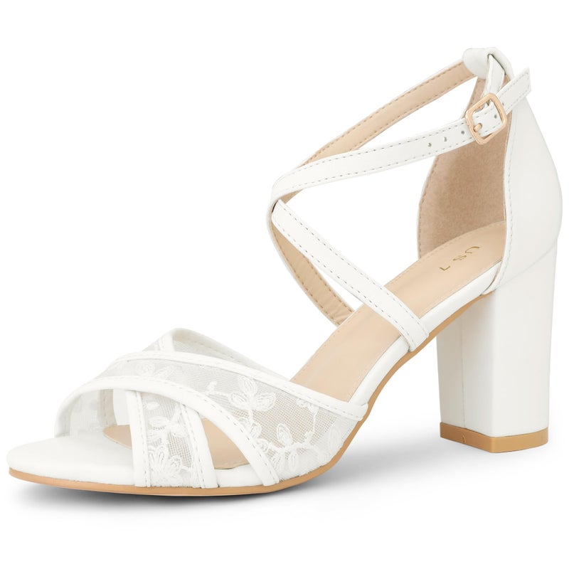 Perphy Lace Sandal Cross Strap Heel Open Toe Block High Heels White Sandals for Women 8 m US - Image 1