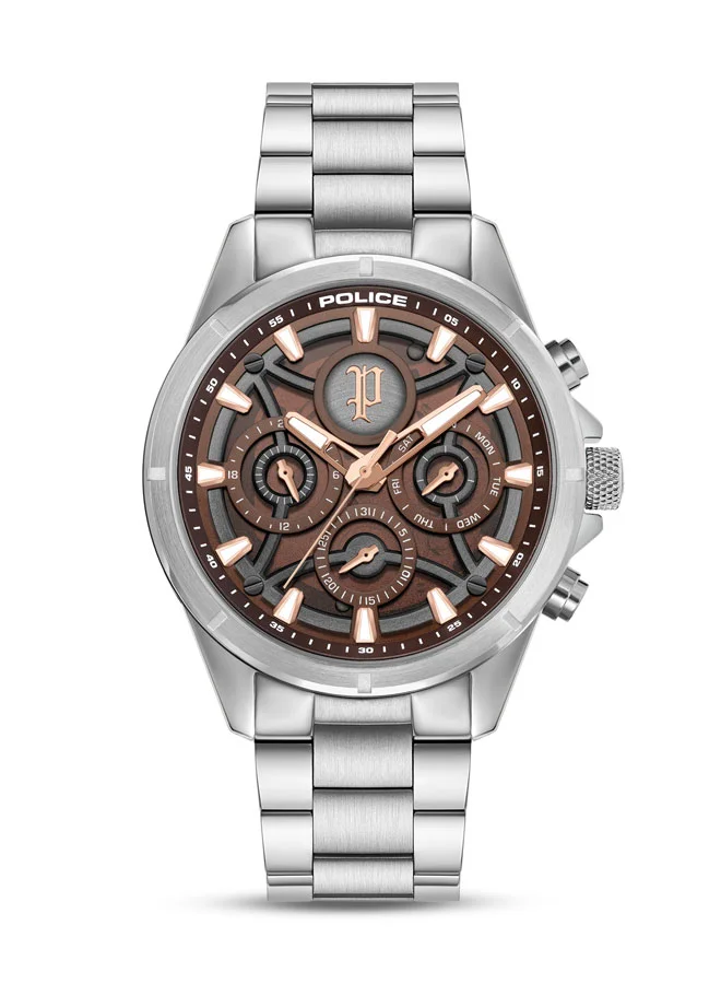 POLICE Defender Men’s 45mm Multifunction Watch with Layered Brown & Black Dial, Ion-Plated Rose Gold Indexes