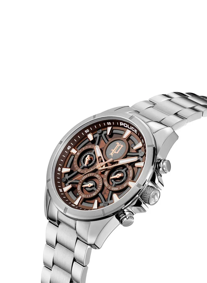POLICE Defender Men’s 45mm Multifunction Watch with Layered Brown & Black Dial, Ion-Plated Rose Gold Indexes