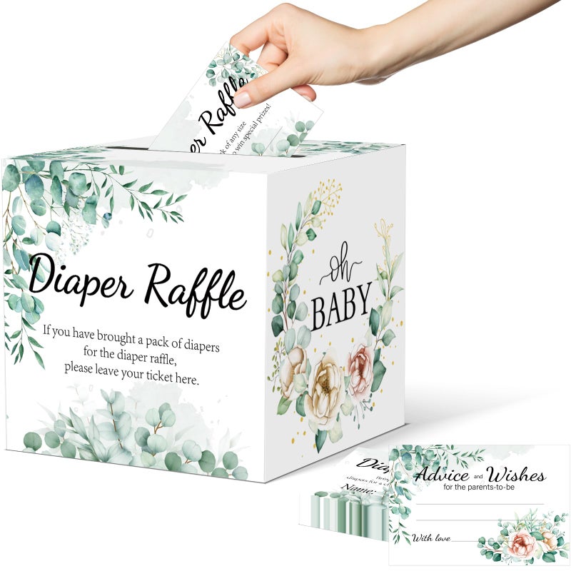 CINSOEN Baby Shower Games, Greenery Diaper Raffle Box, 50 PCS Diaper Raffle Tickets Card Box with Advice and Wishes for the Parents-to-be, Baby Shower Decorations, Diaper Raffle Sign - Image 1