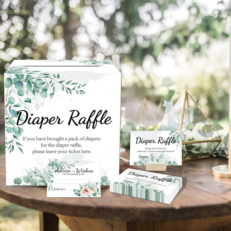 CINSOEN Baby Shower Games, Greenery Diaper Raffle Box, 50 PCS Diaper Raffle Tickets Card Box with Advice and Wishes for the Parents-to-be, Baby Shower Decorations, Diaper Raffle Sign - Image 2